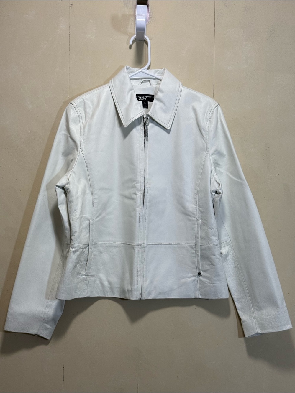 Black Rivet by Wilson peplum style White Genuine Leather Zip up Jacket Sz L